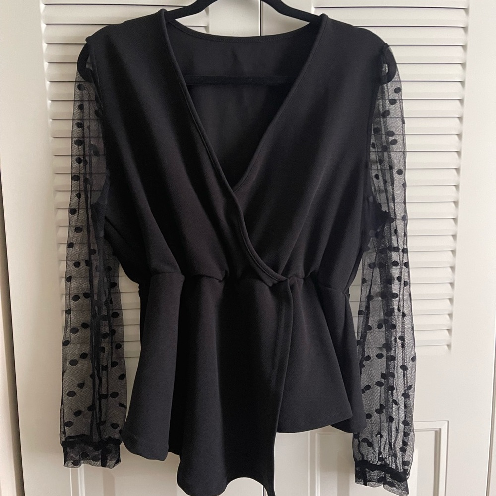 SHEIN Black Wrap Blouse with Sheer Polka Dot Sleeves